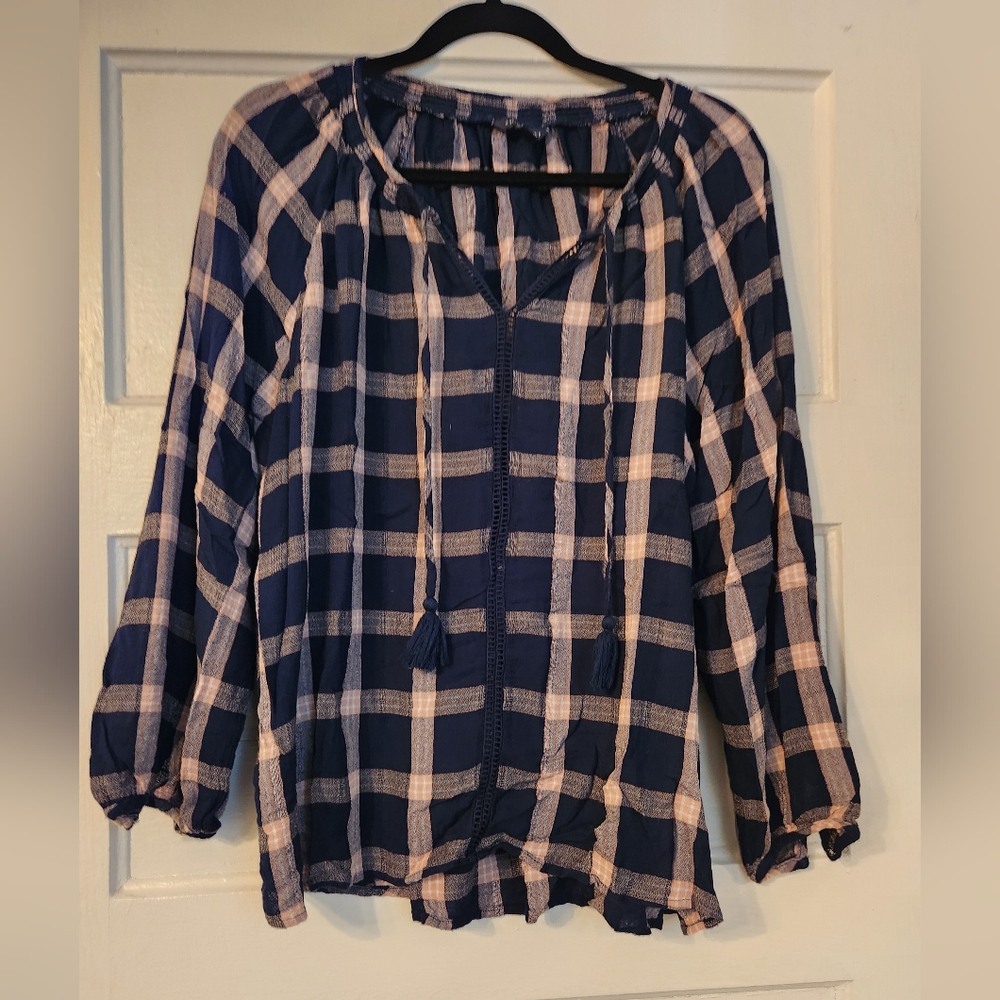 American Eagle Tunic, Peasant Plaid V-neck Navy, Tassels Flowy Sz XL EUC Crochet